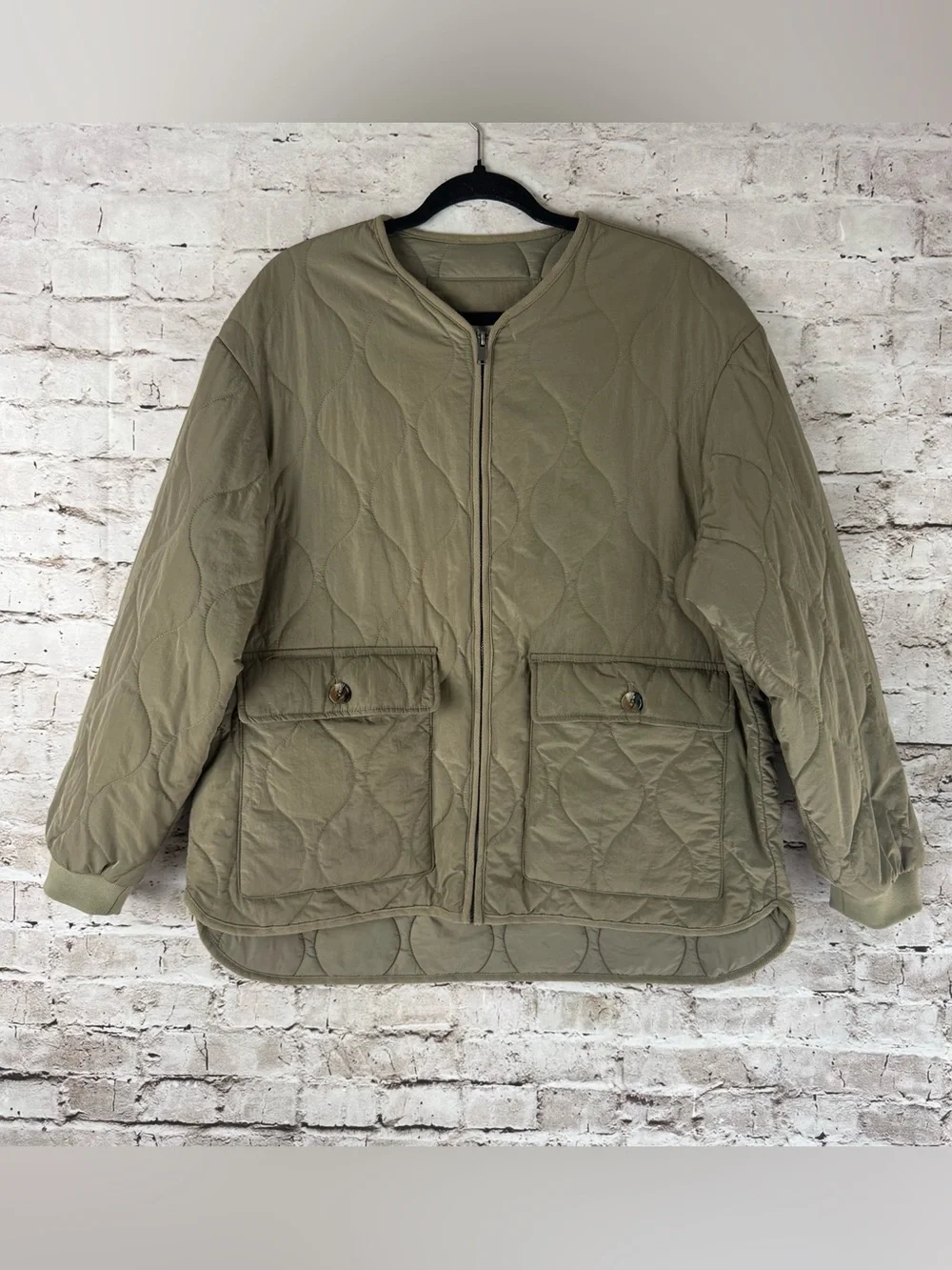 JOIE Women's Large Olive Green Quilted Bomber Jacket Pockets Nylon Lg L - Picture 2 of 7